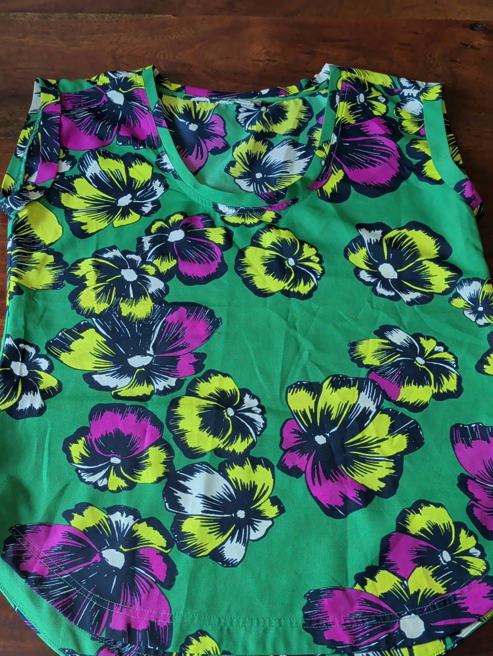 J. Crew Green Floral Scoop Neck Top with Yellow & Fuchsia Flowers